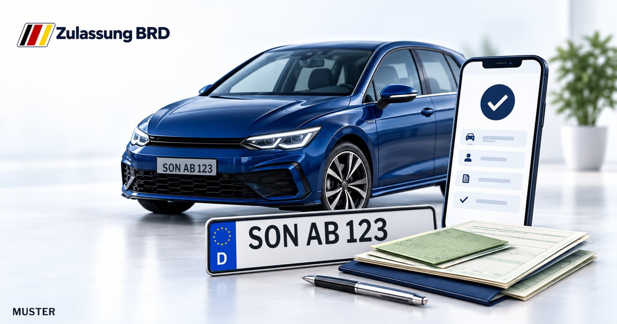 Online Fahrzeugzulassung in Sonneberg: Musterkennzeichen SON AB 123, Auto und Fahrzeugpapiere und Smartphone. Illustration mit Logo von Zulassung BRD.